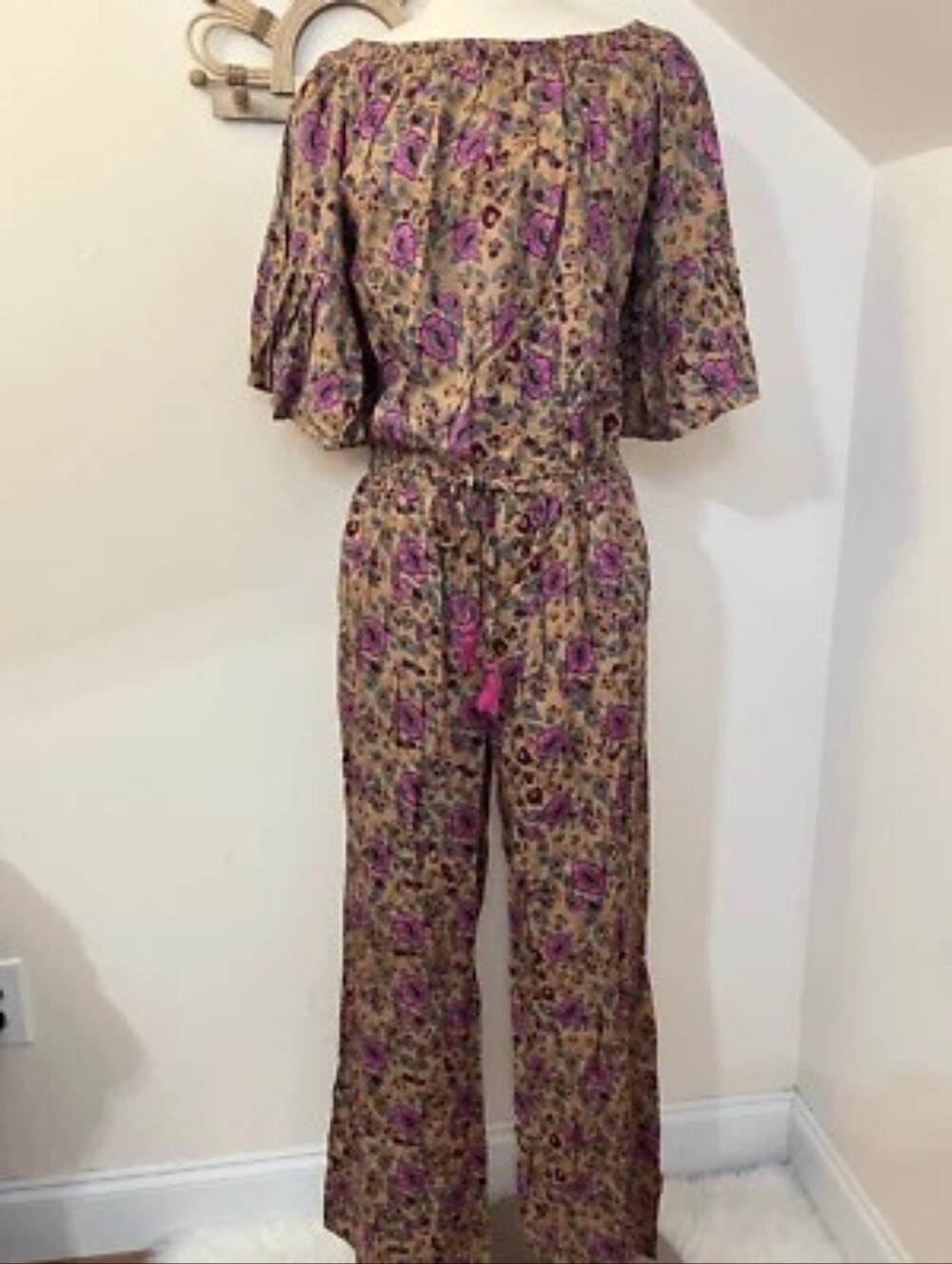 NWT Raga Anthropologie Floral Off-Shoulder Wide-Leg Jumpsuit